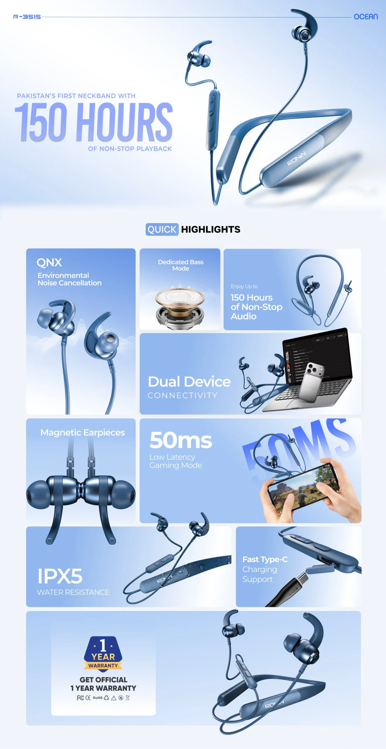 Ronin Ocean R-3515 Neckband Price in Pakistan